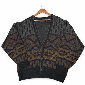 Vintage 80s Michael Gerald Geometric Pattern Cardigan Sweater Men's Sz L Acrylic